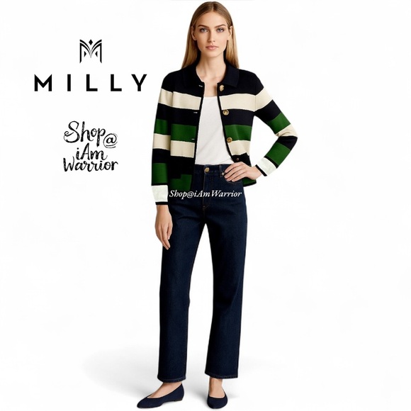 Milly NWT rare emerald, navy & off white striped cotton-silk cardigan/jacket - Picture 1 of 8